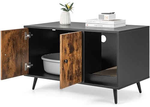 GOPLUS Casa de Aseo para Gatos, Gabinete para Gatos con Doble Puerta y Rascador para Gatos, Muebles de Interior para Gatos, Estilo Industrial, 90 x 50 x 54CM