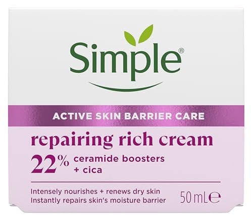 Simple Repairing Rich Face Cream facial moisturiser with 22% ceramide boosters, organic cica and provitamin B5 for a stronger skin barrier repairs and replenishes very dry, sensitive skin 50 ml