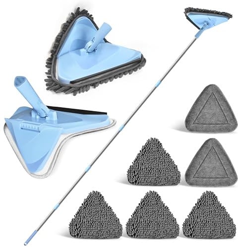 NEWE Wall Mop Cleaner with 202 cm Long Handle, 180° Folding Ceiling Cleaning Tool with Squeegee, Triangle Baseboard Scrubber with 4 Chenille Duster and 2 Microfiber Pads for Washing Painted Walls