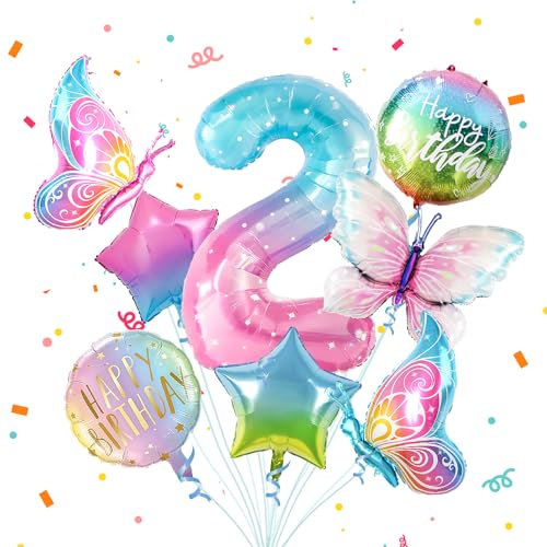 2 Schmetterling Geburtstag Deko Mädchen,8pcs Bunt Schmetterlinge Folienballon 2,Zahlen Luftballon 2 Jahre Geburtstagsdeko für 2. Geburtstag Mädchen Deko