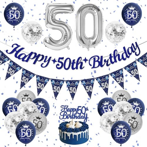 50th Birthday Decorations for Men, Happy 50th Birthday Banner Blue and Silver Party Decorations, 50th Birthday Balloons, Navy Blue and Silver Balloons Cake Topper for Men 50 Birthday Party Supplies