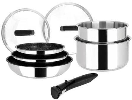 Sitram 714248 Batterie de cuisine Inox 8 Pièces : 3 Poêles Ø20,24,28 cm + 2 Casseroles Ø16,18 cm + 2 Couvercles Verre Ø16,18 cm + manche amovible, Tous feux dont induction