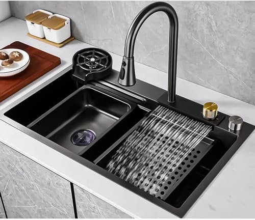 DSMRLEOP Küchenspüle, Workstation Wasserfall Spüle, Nano 304 Edelstahl Einzelschüsselspüle mit Ausziehhahn, Druckbecher-Waschmaschine und anderes Zubehör Spülbecken (Color : Schwarz, S : 68x45x22cm