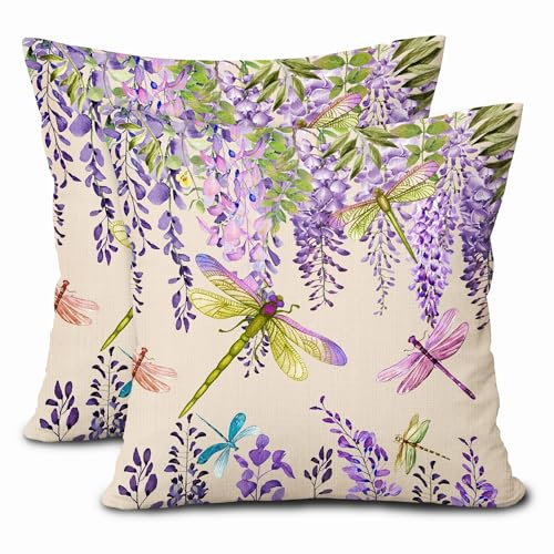 Spring Summer Flowers Pillow Covers 18X18 Inch Watercolor Purple Wisteria Dragonfly Floral Decorative Pillow Cases Set of 2 Seasonal Throw Pillows Farmhouse Home Decor For Couch Cushion Outdoor