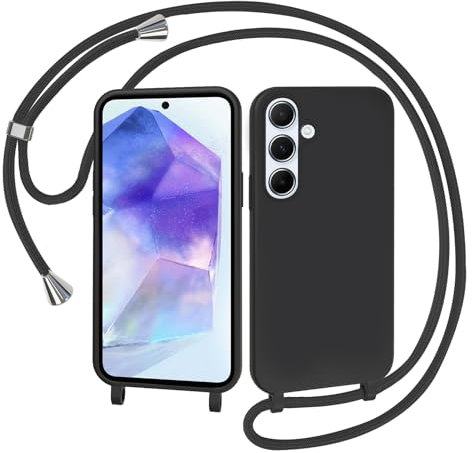 AOMYKE Handyhülle für Samsung Galaxy A55 5G Hülle mit Band, Handyband Samsung Galaxy A55 5G Hülle zum Umhängen Schutzhülle mit Kette Kordel Weich TPU Liquid Silikon Case, Schwarz