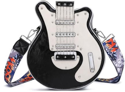 TAZIZI Kleine Umhängetasche, kreative Gitarren-Form, Crossbody-Tasche, Reißverschluss, PU-Tasche für Mädchen und Frauen, verstellbarer Schultergurt, BK, 10.63x3.54x11.81in