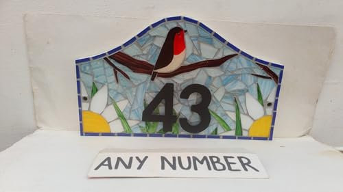 Robin Coloured Glass Mosaic House Number Plate Plaque Door Sign Choose Number