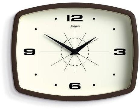 Jones Clocks® Movie wanduhr | Retro rechteckige Uhr | 25 cm | Mocha-Braun | Cooler Designer-Look im mid-Century-Stil für küche, Wohnzimmer oder büro