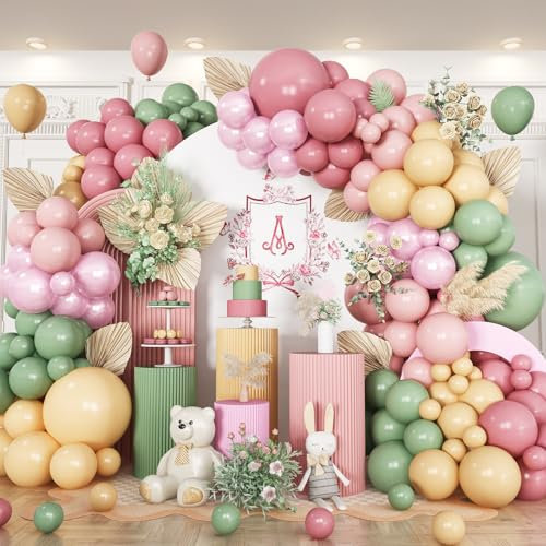 Jobkoo Luftballon Girlande Grün Rosa, 125 Stück Sage Grün Altrosa Apricot Ballongirlande Retro Rosa Salbeigrün Weiß Beige Hellrosa Latex Ballons für Boho Jubiläum Hochzeit Geburtstag Babyparty Deko