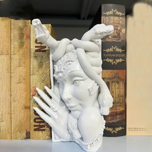 JARPSIRY Medusa Head Book Nook Dekorative Buchstützen, einzigartige Schlangengesichts-Buchstützen, robuster Buchstopper für Zuhause, Büro, Schreibtisch, Vintage-Regaldekoration (weiß)