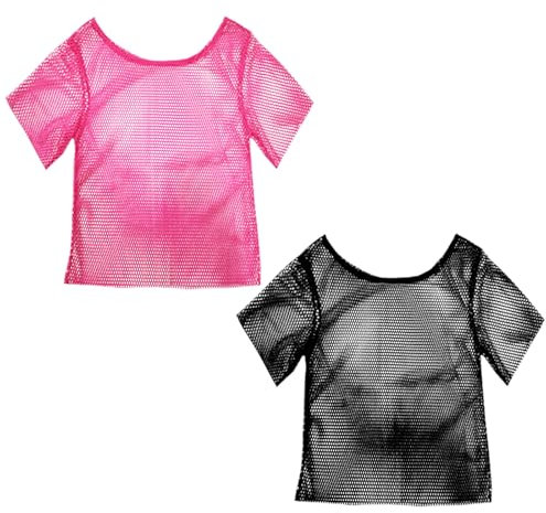 FUIPVGI 2 Pièces Deguisement Annee 80 Femme Accessoire, T-shirt Resille, Halloween Accessoire Annee 80 Fluo, T-shirt Resille Néon, Kit d'Accessoires de Costume, Pour Disco Carnaval Fête (Rose, Noir)
