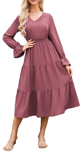 GRACE KARIN Robe Femme Casual Col V Robe Longue Manches Longues Trapèze sans Accessoires Rouge Violet L