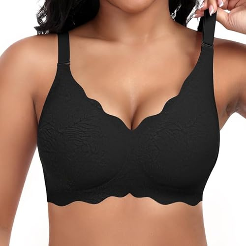 Jiuday Damen BH ohne Bügel Spitzen Soft BH Große Brüste Starker Halt Push Up Bügelloser BHS Gepolstert Seamless Bequemer Nahtloser Bra V-Ausschnitt Bralette (#1 Schwarz,M)