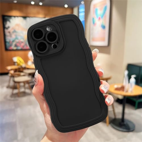 UEEBAI Wave Frame Case for iPhone 16 Pro Max, Cute Wave Frame Slim Fit Shockproof Phone Bumper Cover Soft Pretty Curly Wavy Case Anti-Scratch TPU Case - Black