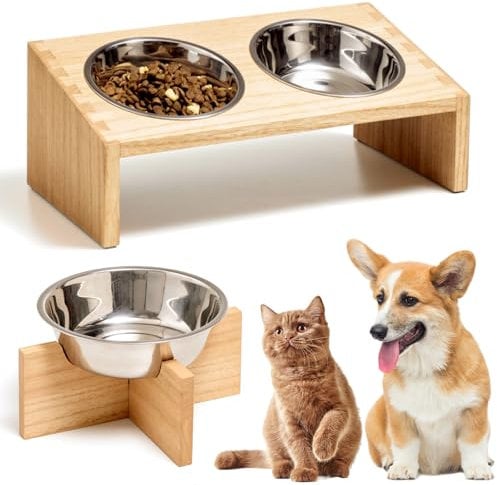 KIRIGEN Wooden Elevated Pet Feeder Tilted Bowls Cat Food Bowl Kitty Dish 15° Angle with a Water Bowl Rack, Feeding Set for Cats and Small Dogs, 3 Stainless Steel Bowls (MWJ-NA)