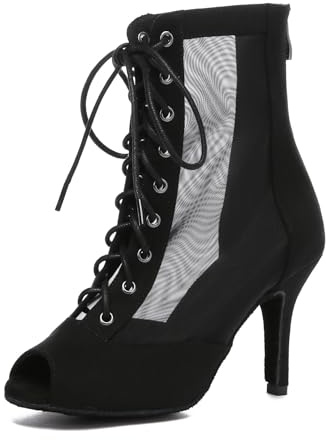 MINITOO Sexy Dance Heels for Women Elegant Open Toe Formal Party Evening Ankle Booties L592 Black 8.5cm Heel UK 6