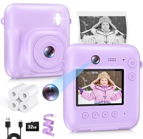 Kids Camera Instant Print, Dual-Lens 48MP,1080P HD Video and Selfie Kids Camera with 32G Card and 4 Print Paper, for Age 3-12 Years Old Boys & Girls Birthday Gifts (Purple)