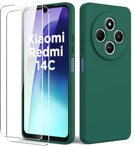 Byvuwiay Funda Compatible con Xiaomi Redmi 14C/Xiaomi Poco C75, con 2 Piezas Cristal Templado, Carcasa de Líquida TPU Anti-Choque, Carcasa Xiaomi Redmi 14C/Xiaomi Poco C75, Dunkelgrün
