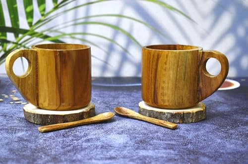 India House Set of 2 Natural Wooden Coffee Mugs with Coaster and Spoon – 180ml| Wooden Tea, Milk, Juice, Soda Cups | Hot & Cold Beverage Mugs with Handle – Ideal for Home, Office, Bar, and Gift Ideas.