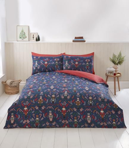 Rapport home Christmas Bedding Set Nutcracker Microfibre Duvet Cover Set Double Navy