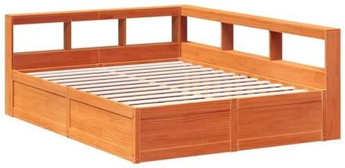 vidaXL Massivholzbett mit Regal ohne Matratze Wachsbraun 140x200 cm, Holzbett mit Regal, Massivholzbett mit Regal, Bett, Holzbett mit Bücherregal
