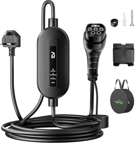 EVJUICION EV Charger Cable Type 2 to 3 Pin Plug 6M, [10A, 2.3kW] Electric Car Charger with Holder, IP67/IP65 Type 2 Charging Cable 3 Pin with LED Indicator Light, for Type 2 EVs and PHEV