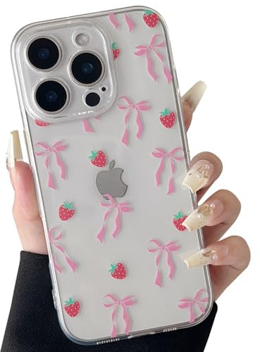 ZTOFERA Clear Case for iPhone 16 Pro Max, Cute Strawberry & Ribbon Bowknot Pattern Design Aesthetic Transparent Phone Case Soft Flexible TPU Shockproof Protective Cover for Women Girls - Rosy Ribbon