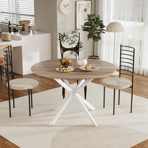 MSFE Mesa Redonda Comedor 120 cm,Mesa de Cocina Retro con Patas de Metal Negro y Acabado en Nogal Envejecido y Natural,Capacidad 4-6 Personas,Mesa de Comedor Redonda Madera, Patas de Mesa Blancas
