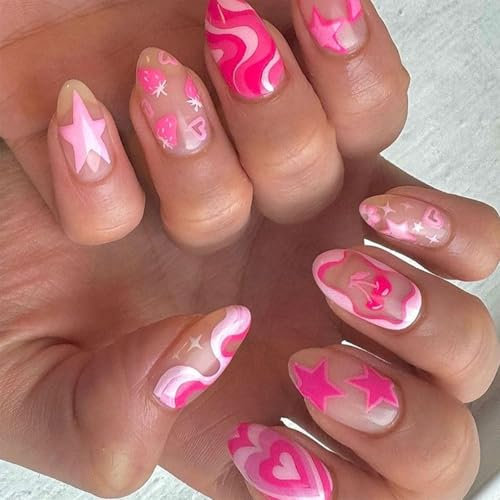 GlamRays 24 Pieces Short Almond Shaped Press-on Nails Heart Pattern Cute Star Strawberry False Nails Full Cover Adhesive Nails for Women and Girls Manicure