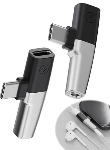2PCS 2 in 1 Adattatore USB C Cuffie e Caricamento – Adattatore USB C Jack 3,5 mm + Porta Type-C, Design a 90°, Qualità Audio Hi-Res, Compatibile con iPhone 15/Samsung S24 – Argento