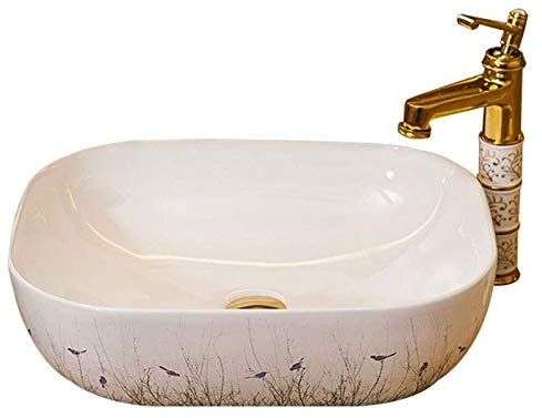 CAFIEDR Badezimmer-Waschtisch, Aufsatzwaschbecken, Badezimmer-Waschbecken mit Wasserhahn und Abfluss-Kombination, rechteckige Waschtischschüssel aus Porzellan für die Toilette