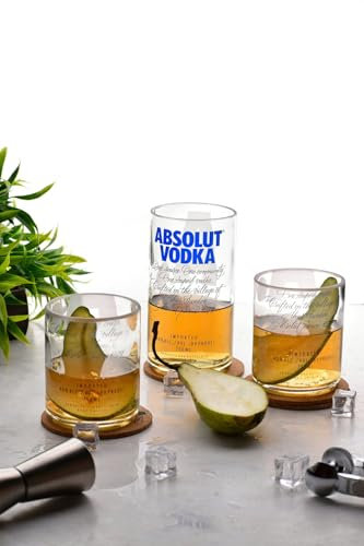 GoGiftid Upcycled Glasses Set Created Using Absolut Vodka Bottle – 3-Piece Eco-Friendly Barware | 2 Short + 1 Tall Tumbler | Handmade Glasses for Vodka Cocktails & Rum