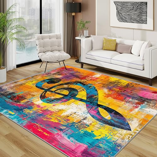 TerroVee Musik Teppich, Bunt Abstrakt Violinschlüssel Kleiner Teppich, Musikalische Note Waschbar Kurzflor Weich Teppiche Eingangsbereich Innen Küche, 60x90 cm, Blau Gelb Orange