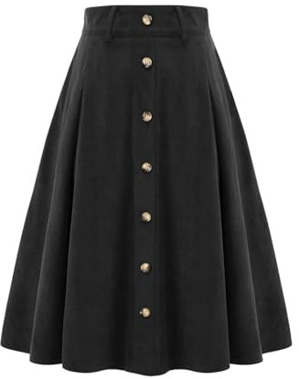 Rock Damen midilang Cordrock A-Linie Röcke Vintage Rock Tellerrock Basic Casual Hohe Taille Freizeitrock mit Taschen