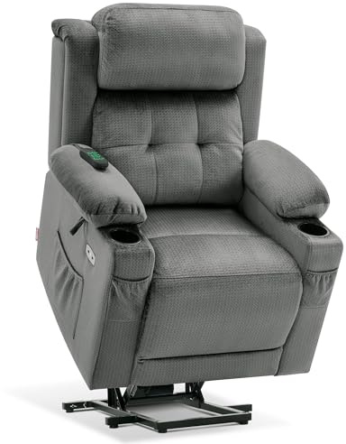 MCombo Triple Motor Riser and Recliner Chairs for Elderly, Electric Lift Recliner Armchair with Adjustable Headrest, Infinite Position, Heat & Massage, Extended Footrest, Fabric 7664 (Grey, Small)