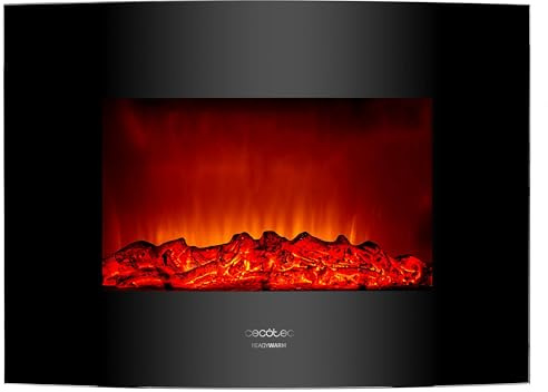 Cecotec Camino Elettrico Decorativo 22” con Telecomando Ready Warm 2210 Curved Flames. Massima Potenza 2000W, 2 Intensità, Pannello Curvo Cristallo Temperato, Fiamma Regolabile, Timer
