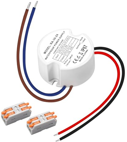 Muzveik LED Trafo 24V 30W 1.25A, Wasserdicht IP67 Transformator 230V auf 24V Rund Ø48mm, LED Netzteil mit 2 Steckverbindern für Innen- und Außenbereich