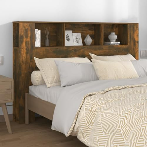 Mokuyary Kopfteil mit eingebauten Schränken, Schlafzimmer-Ausstellungsregal, Bücherregal, Schlafzimmer, Aufbewahrungsschrank, Holzaufbewahrung, Rückwand, Bettzubehör, Raucheiche, 160 x 18,5 x 104,5 cm
