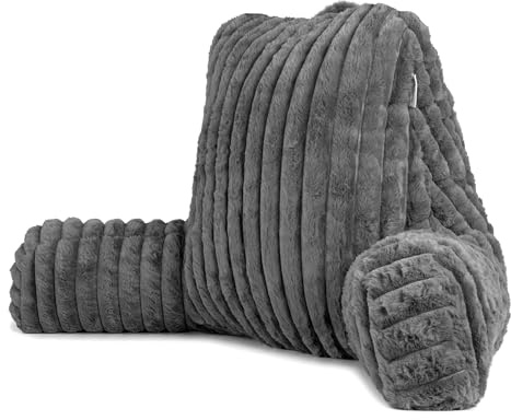 Aamira Reading Pillow, Memory Foam, Faux Fur Ribbed Cover, Grey | 48 x 44 x 87cm reading pillow with adjustable memory foam, armrests, carry handle, rear pocket and ribbed faux fur cover.