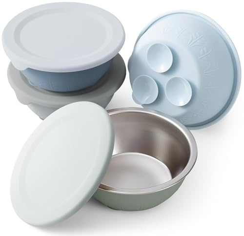 Moonkie Baby-Schalen aus Edelstahl mit Silikondeckeln & Saugbasis | Nahtloses Design | BPA-frei | 13 oz | Spülmaschinenfest | ab 4 Monaten | 4er-Pack (Pastellblau/Salbeigrün/Hellgrau/Meeresblau)