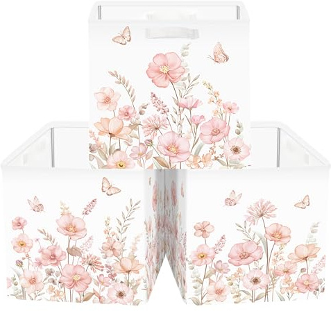 Clastyle 3 Stück Blumen Damen Aufbewahrungsbox Kinderzimmer Kallax boxes | Faltbar Spielzeug Aufbewahrungskorb Klein, Storage Box für Bücher Kleidung, Stoffboxen Kisten für Regal, 30x30x30 cm