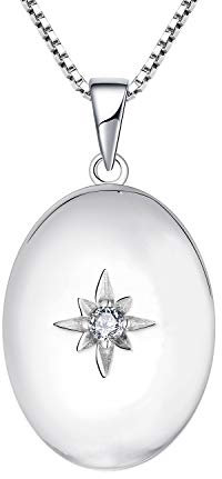 JO WISDOM Damen Halskette Ovale Medaillon Photo Bilder Amulett Silber 925,Kette Anhänger Polarstern 5A Zirkonia April Geburtsstein,Schmuck für Frauen