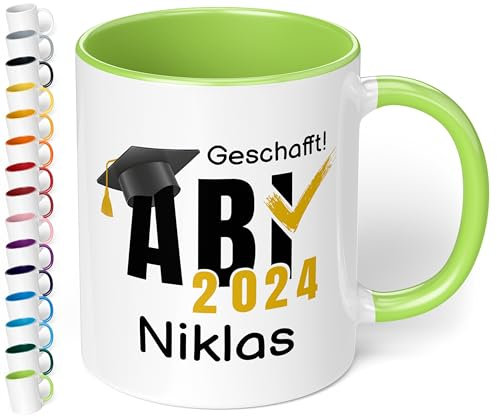 Tasse zum Abitur 2025: „ABI 2025 - Geschafft! Wunschname“ - Kaffeetasse mit Namen personalisiert - Geschenke zum Abitur, Abschlussgeschenk, Geschenk zur bestandenen Prüfung, Hellgrün