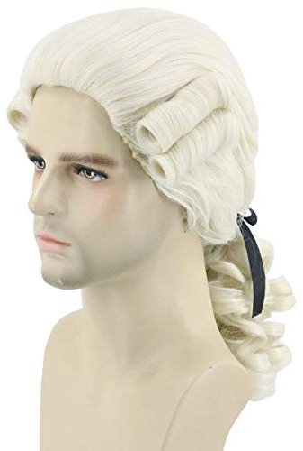 Topcosplay Herren Barock Perücke mit Zopf Beige Richter Perücke Rokoko Lockig Marquis Perücke für Faschings Halloween (Beige)
