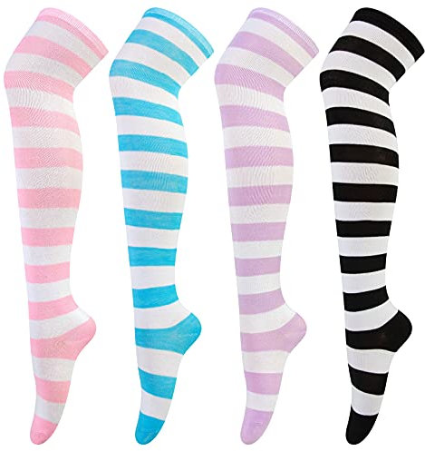 4 Paires Chaussettes Hautes Montantes à Rayures Femme Chaussettes de Genoux Longues Cuisse Chaussettes Dessus du Genou Haut Bas Filles pour Sport Cosplay