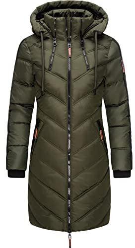 MARIKOO Damen Wintermantel Warmer Steppmantel lang mit Verstellbarer Kapuze Armasa Grün Gr. XS