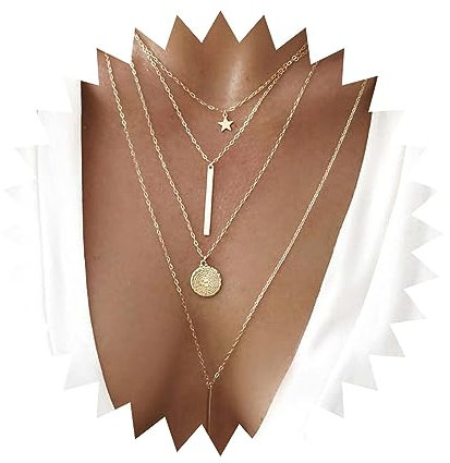 Yheakne Boho Layered Coin Bar Necklace Gold Disc Pendant Necklace Chain Multi Layer Vintage Star Necklace Jewelry for Women and Teen Girls (Gold A)