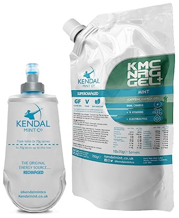 KMC NRG Gel+ Caffeine Energy Gel Refill Pouch (10x70g Serves) & 150ml Flask | Refreshing Citrus & Mint, Vegan, Gluten Free