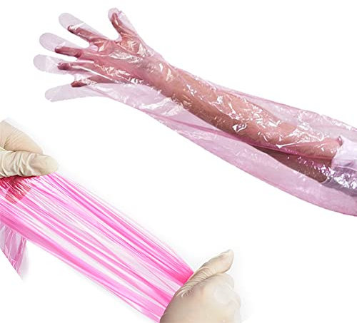 Barafat 50 Pieces Disposable Field Dressing Gloves, Veterinary Insemination Rectal Long Gloves, Extra Long Sleeve Full Arm Gloves, Cow Deer Palpation Gutting Gloves (Red)