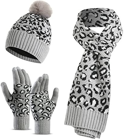 LumiSyne Winter 3 In 1 Mütze Schal Handschuh Sets Für Damen Beanie Strickmütze Langer Schal Touchscreen Handschuhe Leopard Stricken Mit Pompon Bommel Weicher Warme Dicke Futter